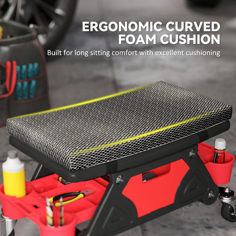 Mechanic Roller Seat with Tool Storage and Cushioned Support for Garage Work Black
