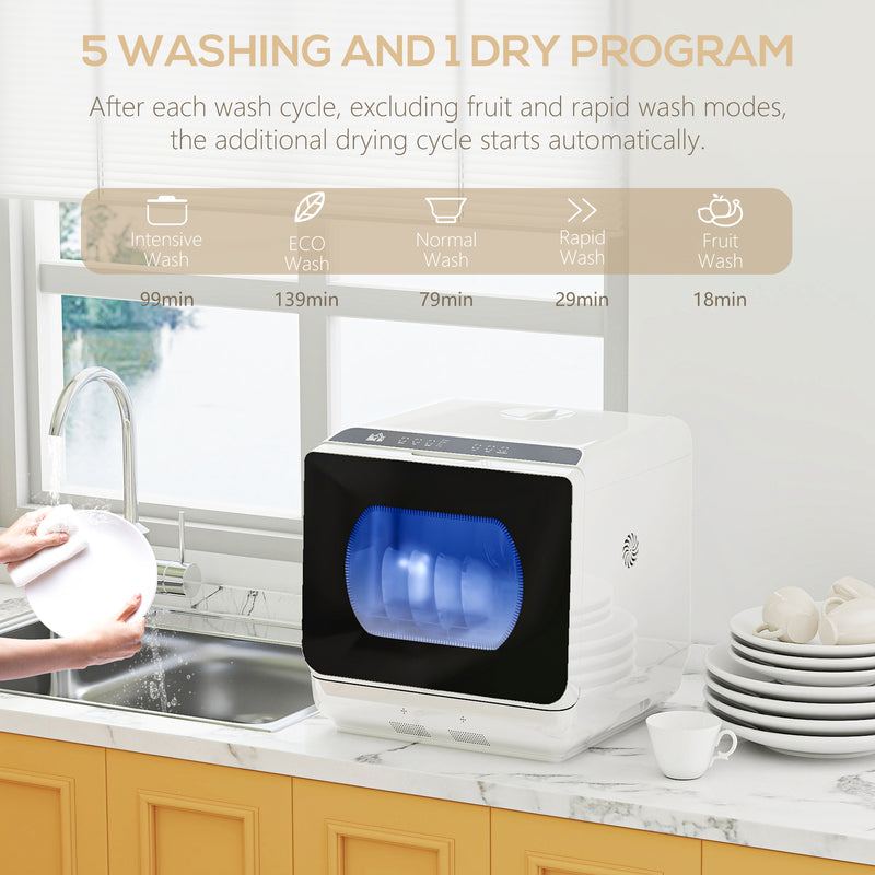 Compact Tabletop Dishwasher with 6L Capacity and Multiple Wash Programs, White