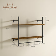 Rustic Brown Wall Mounted Floating Shelf With 4 Hooks for Living Room or Hallway by HOMCOM