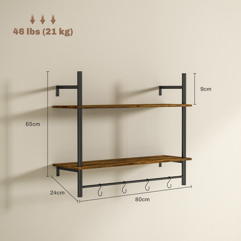 Rustic Brown Wall Mounted Floating Shelf With 4 Hooks for Living Room or Hallway by HOMCOM