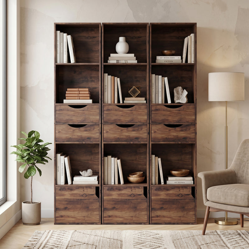 Slim Corner Bookcase with Adjustable Shelf and Storage Drawers for Small Spaces Rustic Brown