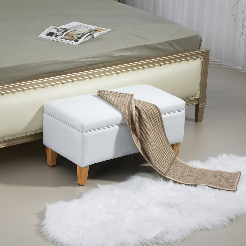 Cream White Linen Storage Ottoman with Padded Seat and Rubberwood Legs by HOMCOM