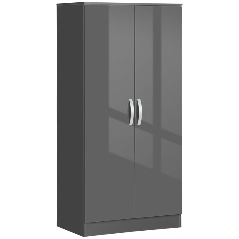 2 Door High Gloss Wardrobe With Hanging Rail And Shelf For Bedroom Storage Grey