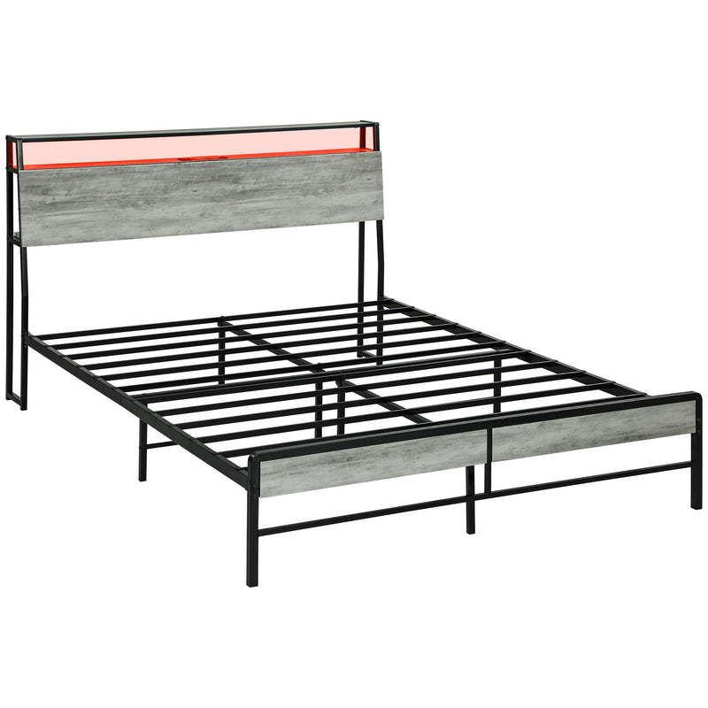 Grey Double Steel Bed Frame with LED Lights and Headboard Shelf by HOMCOM