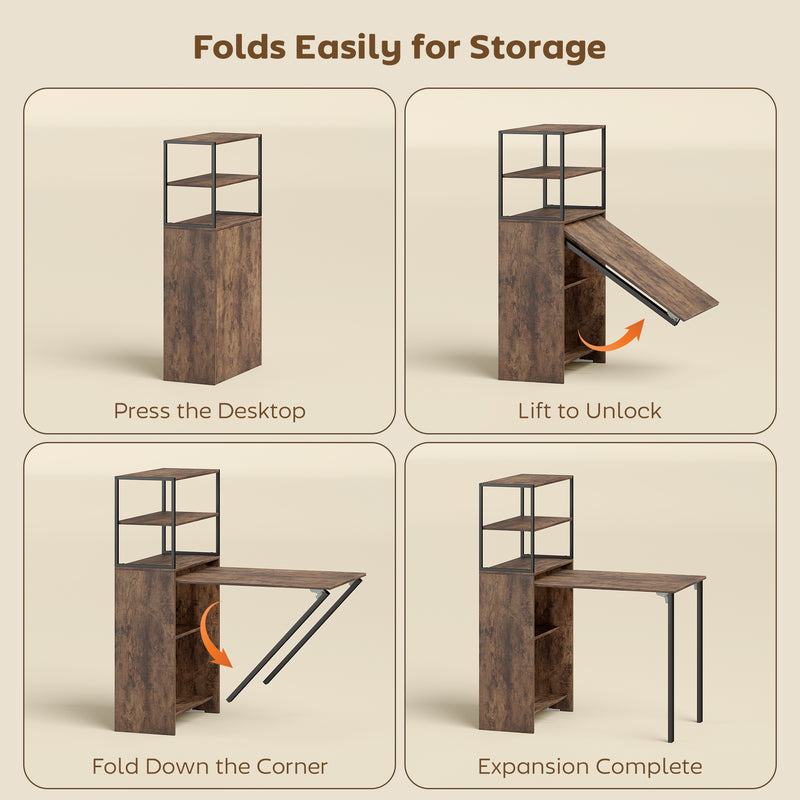Bookcase With Fold Out Desk For Small Spaces, Hidden Storage, 105W x 60D x 127H cm
