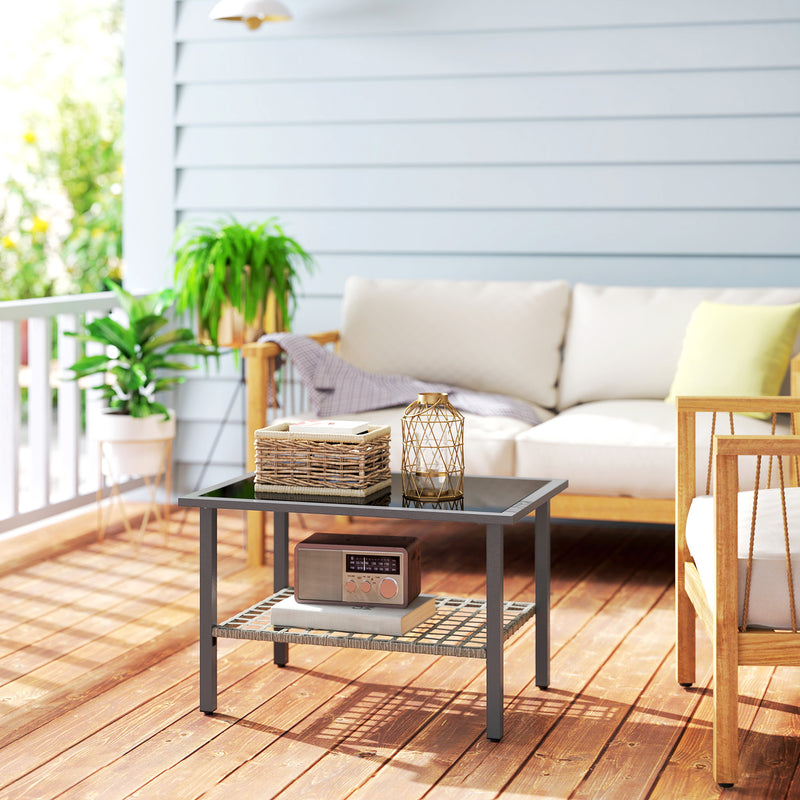Outdoor Rattan Coffee Table with Tempered Glass Top and Storage Shelf for Patio Balcony Mixed Grey by Outsunny