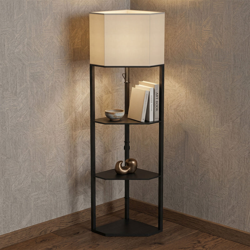 Floor Lamp with Shelves for Extra Storage and Adjustable Lighting Black Beige