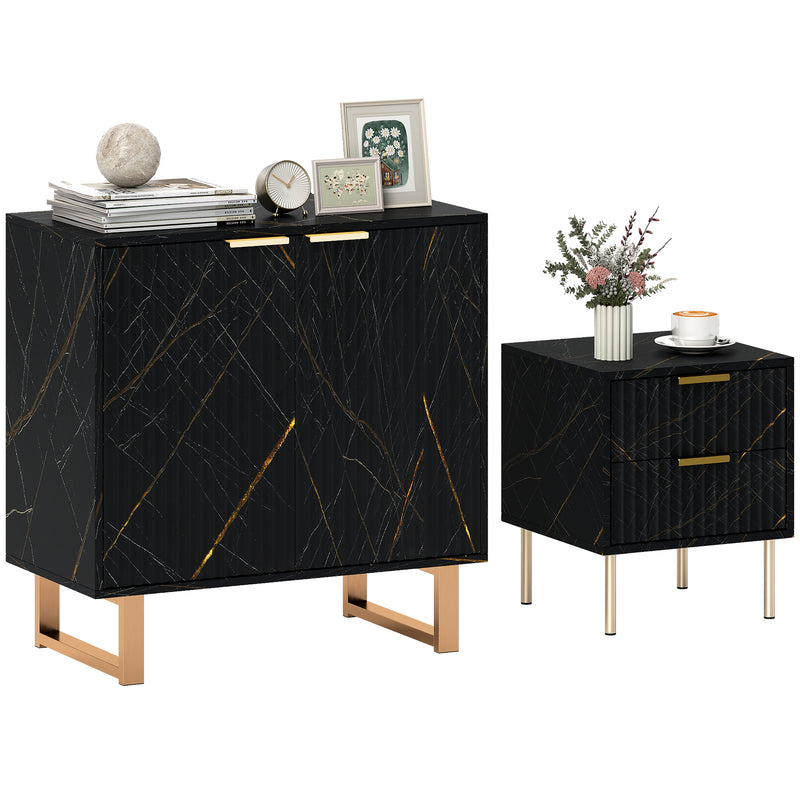 Sideboard and Nightstand Set for Organised Living or Bedroom Storage Black Marble Effect