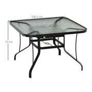 Square Black Garden Dining Table with Parasol Hole and Tempered Glass Top for Patio Use