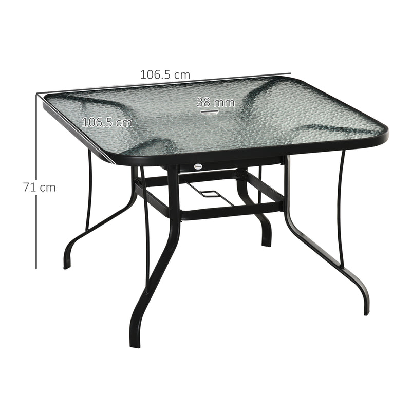 Square Black Garden Dining Table with Parasol Hole and Tempered Glass Top for Patio Use
