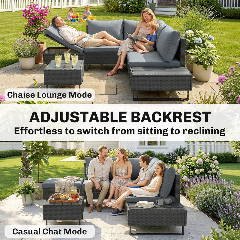 Adjustable Garden Corner Sofa Set with Reclining Backrest and Removable Cushions For Outdoor Relaxation, Dark Grey