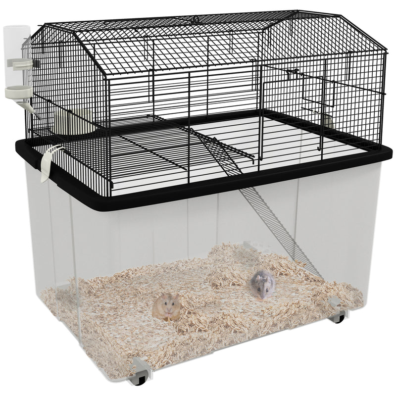 Two Tier Hamster Cage with Wheels Deep Base and Accessories for Small Pets, Grey