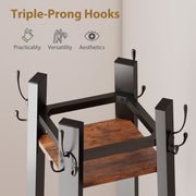 Industrial Coat Stand with 8 Hooks and 4 Storage Shelves for Hallway Organisation, Rustic Brown