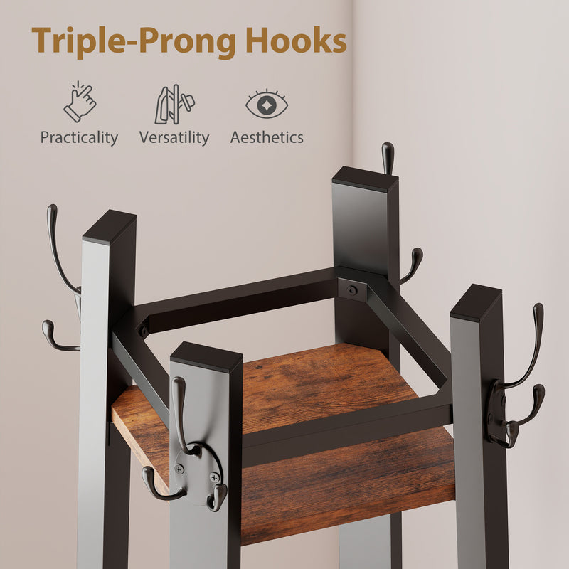 Industrial Coat Stand with 8 Hooks and 4 Storage Shelves for Hallway Organisation, Rustic Brown