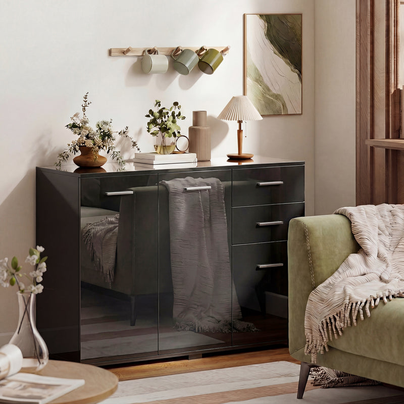Sideboard with Drawers and Cupboards for Organised Home Storage High Gloss Black AOSOM