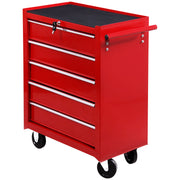 Lockable 5 Drawer Steel Tool Chest on Wheels with Side Handle for Garage or Workshop Red