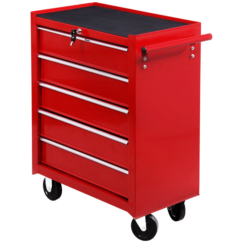 Lockable 5 Drawer Steel Tool Chest on Wheels with Side Handle for Garage or Workshop Red