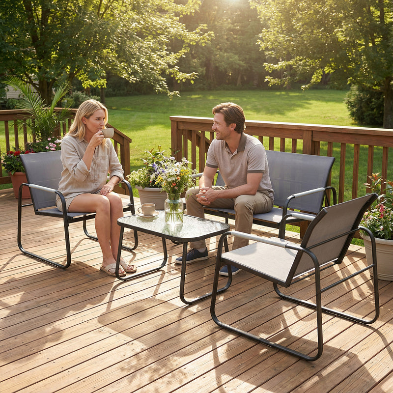 4 Piece Garden Furniture Set with Breathable Mesh Seats and Glass Table. Grey/Black