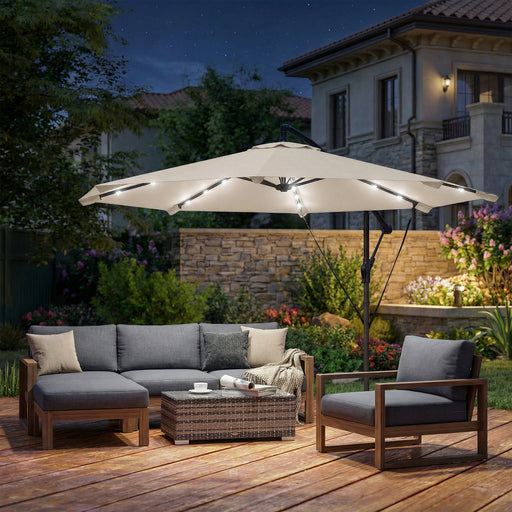 Garden Cantilever Parasol with Solar LED Lights for Evening Patio Shade Cream White Outsunny