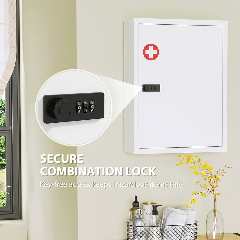 Locking Medicine Cabinet with Combination Code for Safe Organised Storage White Red
