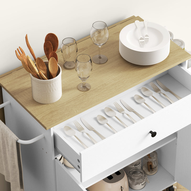 Rolling Kitchen Island Trolley with Drop Leaf Drawer and Storage Shelves White 106x42x87cm
