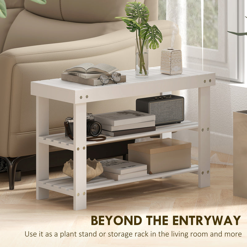 Two Shelf Bamboo Shoe Storage Bench With Seat Ideal For Hallway Or Entryway White AOSOM