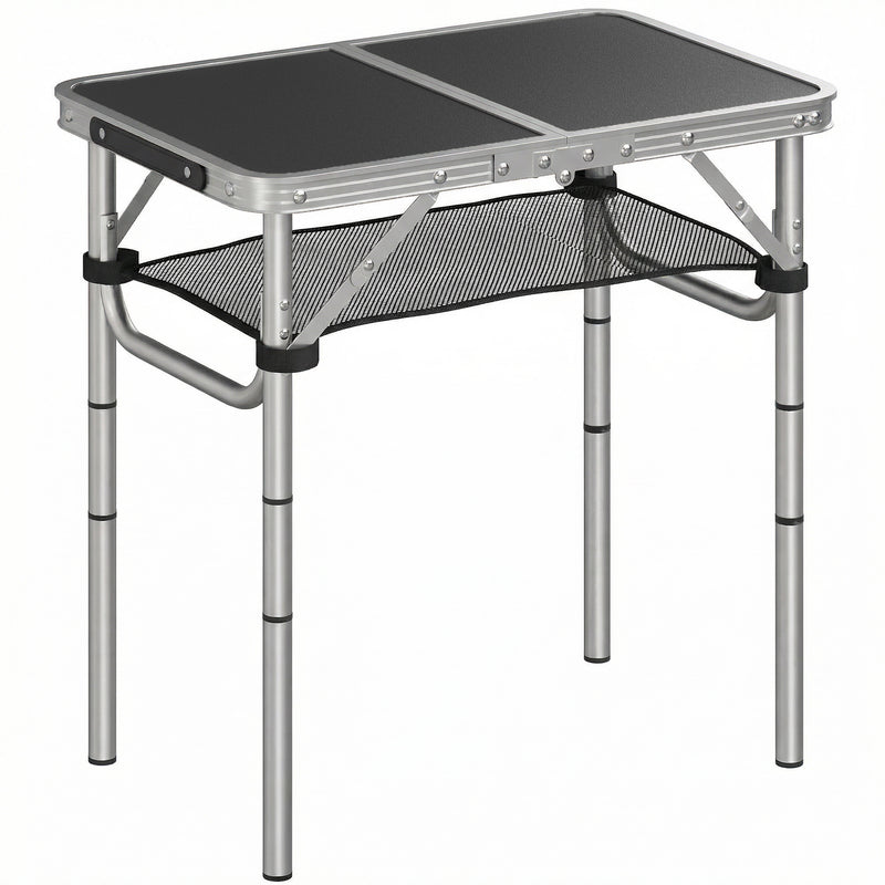 Folding Camping Table with Adjustable Height and Mesh Storage for Outdoor Meals Black and Silver
