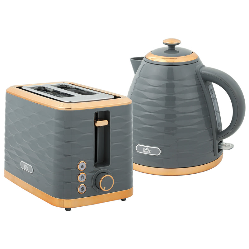 Grey 3000W 1.7L Rapid Boil Kettle and 2 Slice Toaster Set with 7 Browning Levels and Crumb Tray