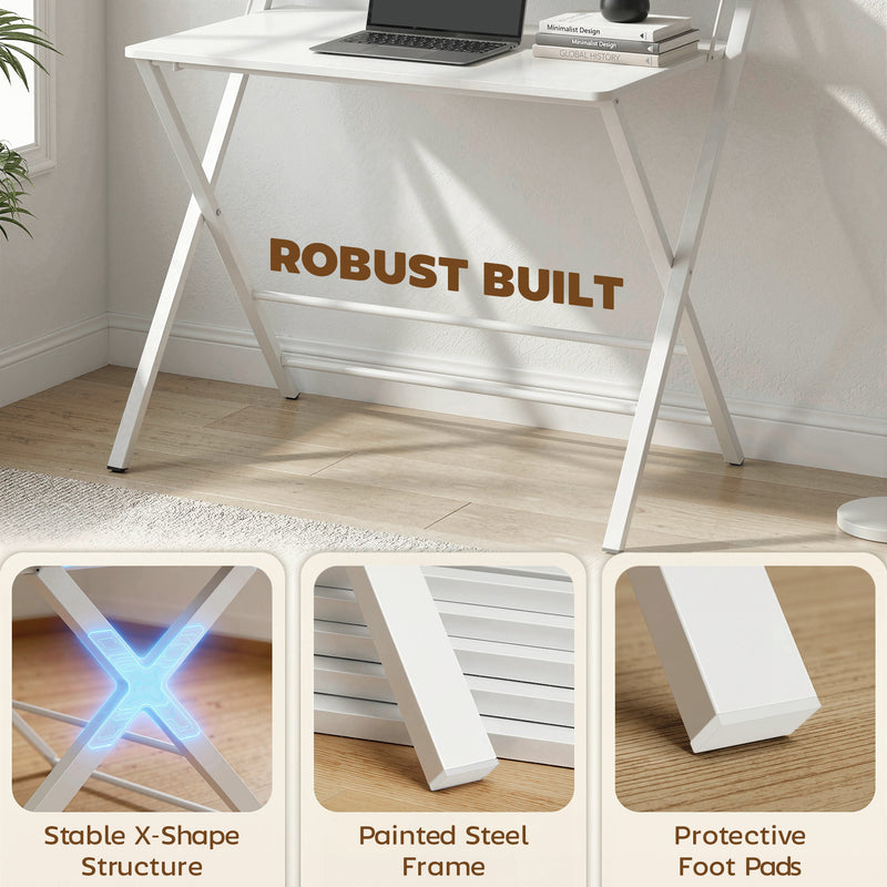 Folding Study Desk with Shelf for Small Spaces and Easy Storage White AOSOM