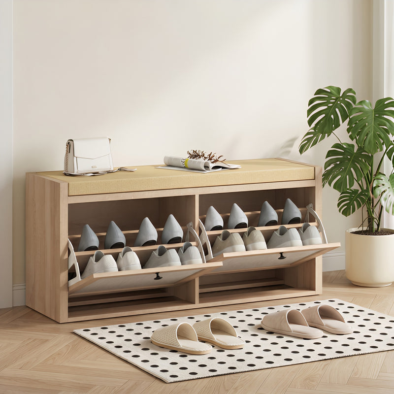Shoe Storage Bench with Hidden Cabinets and Padded Seat for Hallway Organisation Oak Beige Homcom