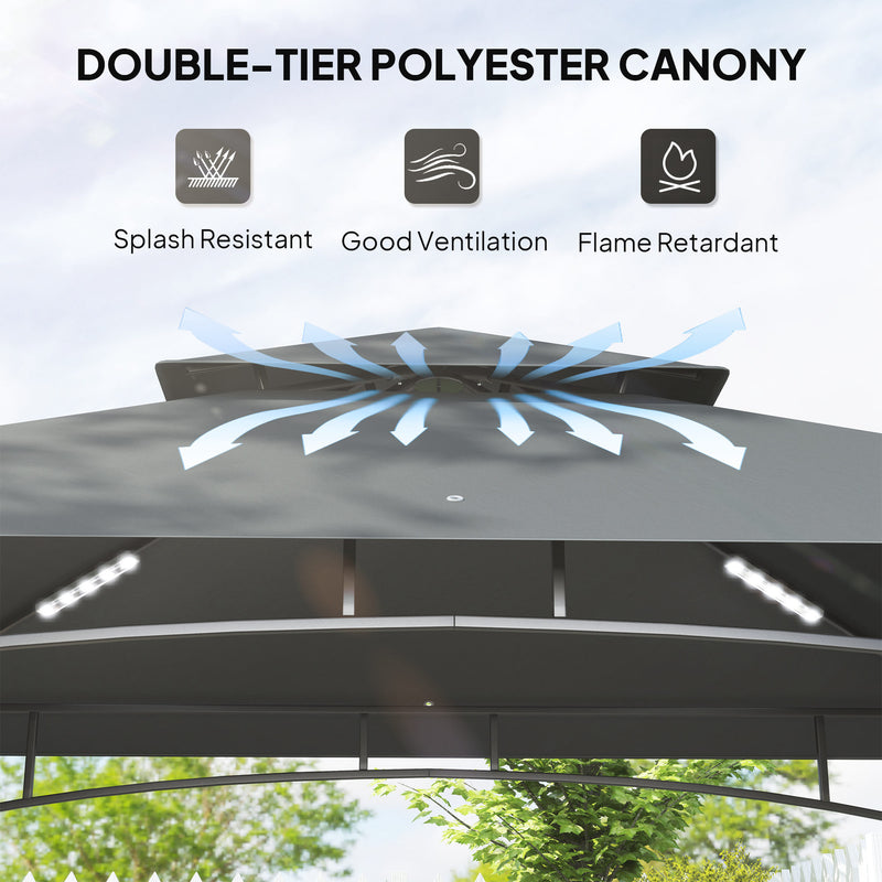 8 x 5 ft Grill Gazebo Double Tier BBQ Shelter with LED Lights Shelves and Hooks Dark Grey by Outsunny