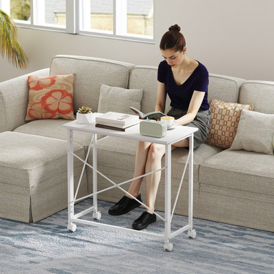 White 80 cm Folding Desk on Wheels Space Saving Table for Home Office or Study