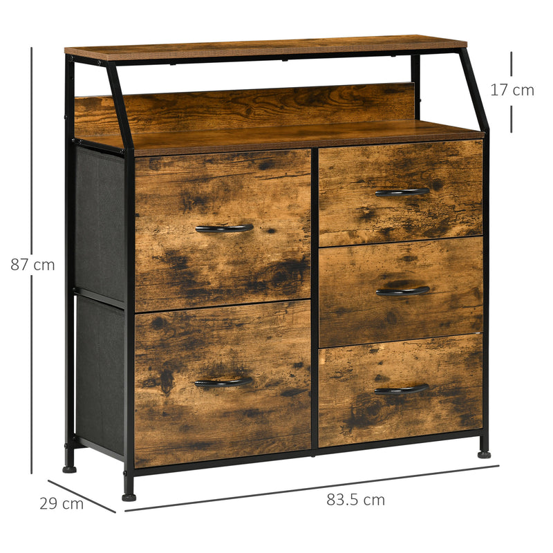 Industrial 5 Drawer Fabric Chest with Open Shelf for Bedroom or Living Room Storage Rustic Brown