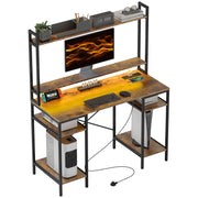 Rustic Brown Computer Desk with Power Outlets LED Lights and Hutch by HOMCOM