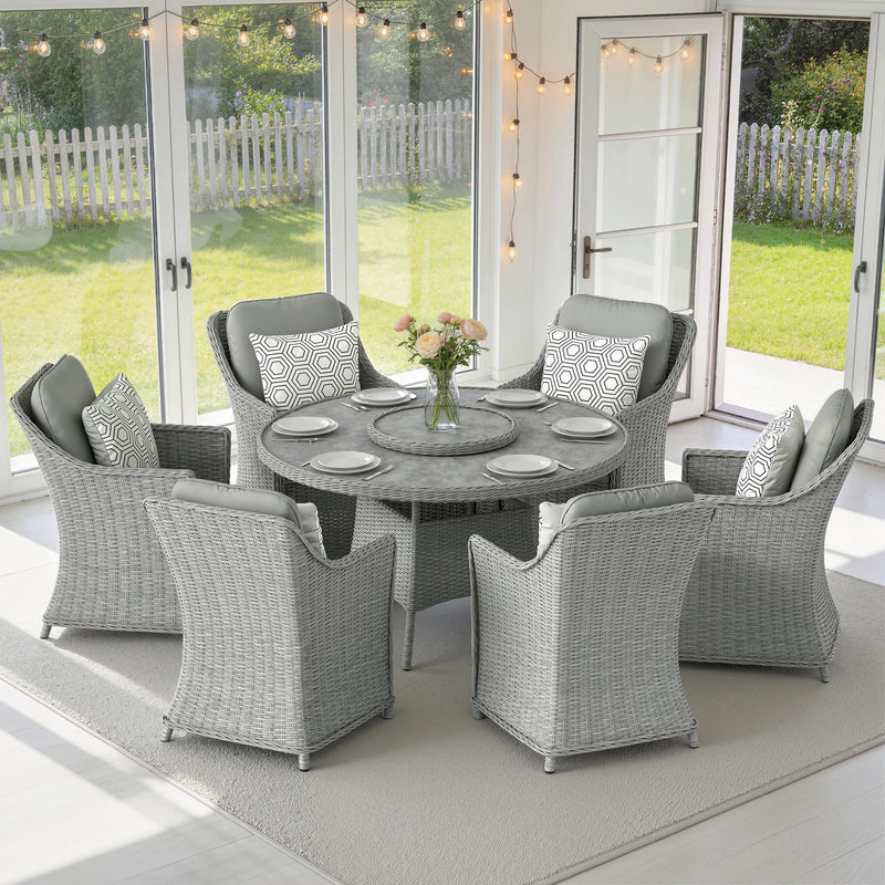 Rattan Garden Dining Set for 6 with Lazy Susan and Cushions for Easy Outdoor Meals Grey