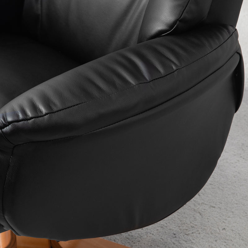 Black Faux Leather Reclining Armchair with Matching Footstool and Curved Wood Base for Living Room
