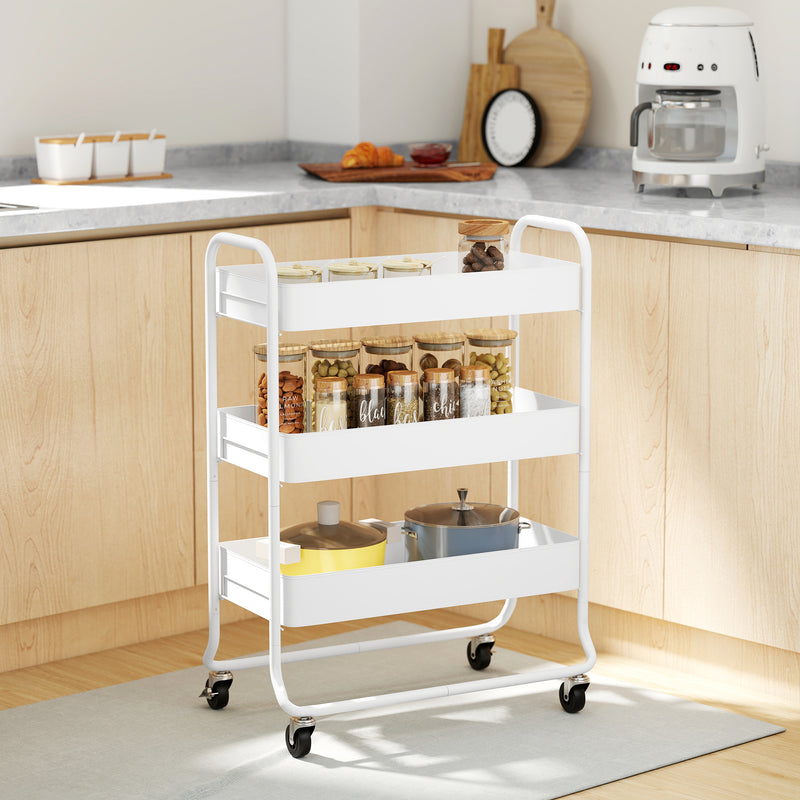 3 Tier Rolling Storage Trolley with Mesh Baskets Ideal for Kitchen or Bathroom White