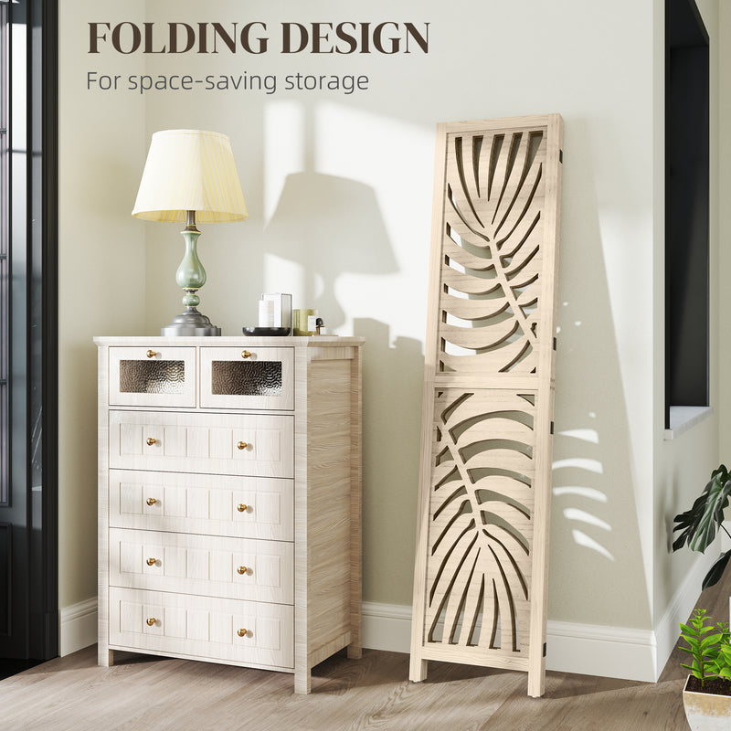 3 Panel Folding Room Divider with Palm Leaf Design for Home Office Privacy, Natural Wood AOSOM