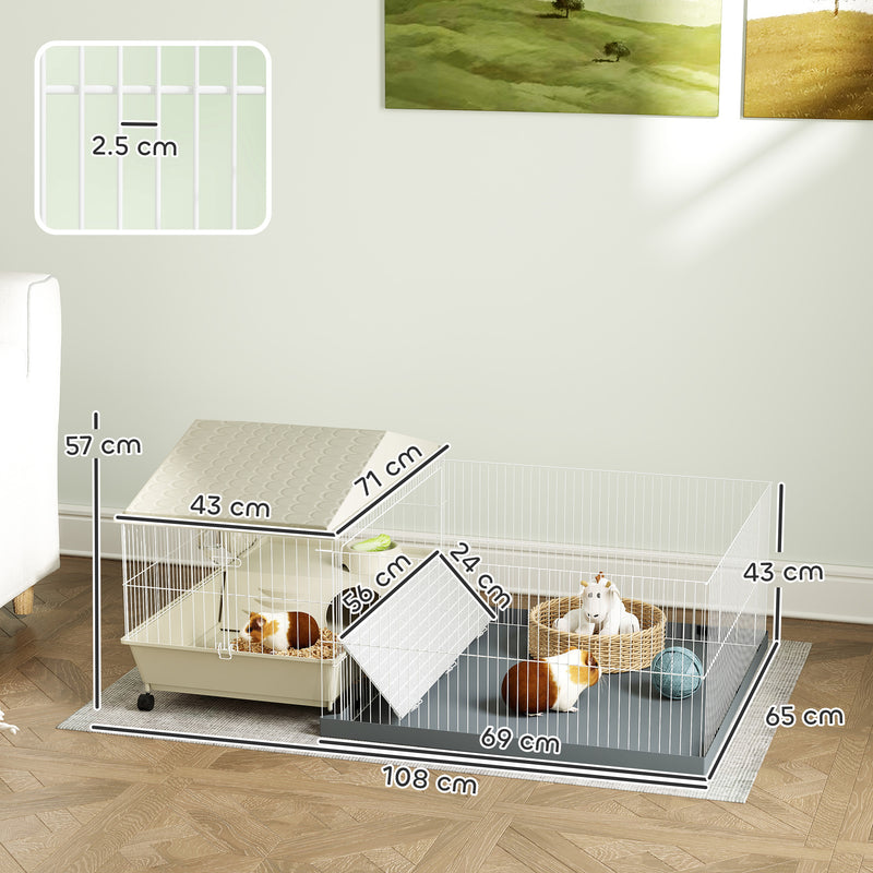 Small Animal Cage with Playpen Waterproof Pad and Hay Feeder 108 x 71 x 57cm Beige by PawHut