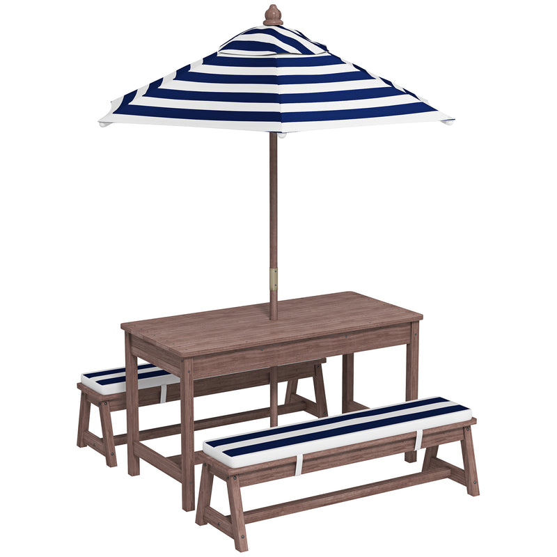 Kids Garden Table and Bench Set with Cushions and Removable Umbrella for Outdoor Play Navy Blue