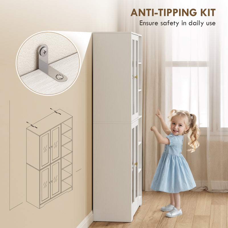 Multi Storage Kitchen Cabinet with Glass Doors and Shelves for Organised Cooking Space White