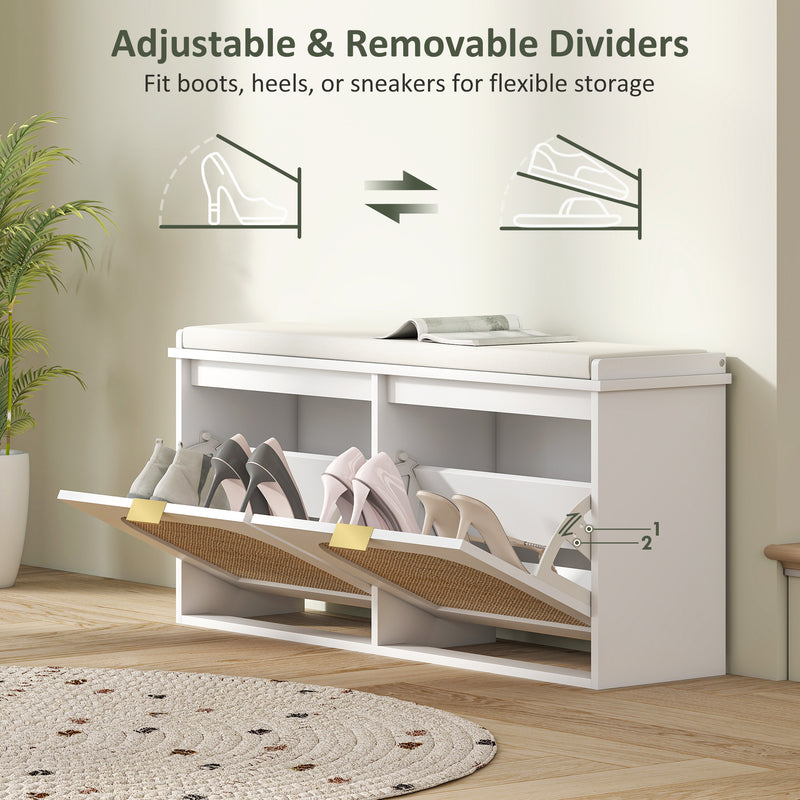 Boho Shoe Storage Bench with Cushioned Seat and Two Flip Drawers for Hallway, White