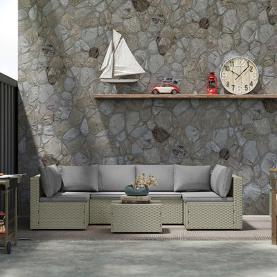 Light Brown 6 Seater Rattan Garden Sofa Set With Cushions and Glass Table by Outsunny