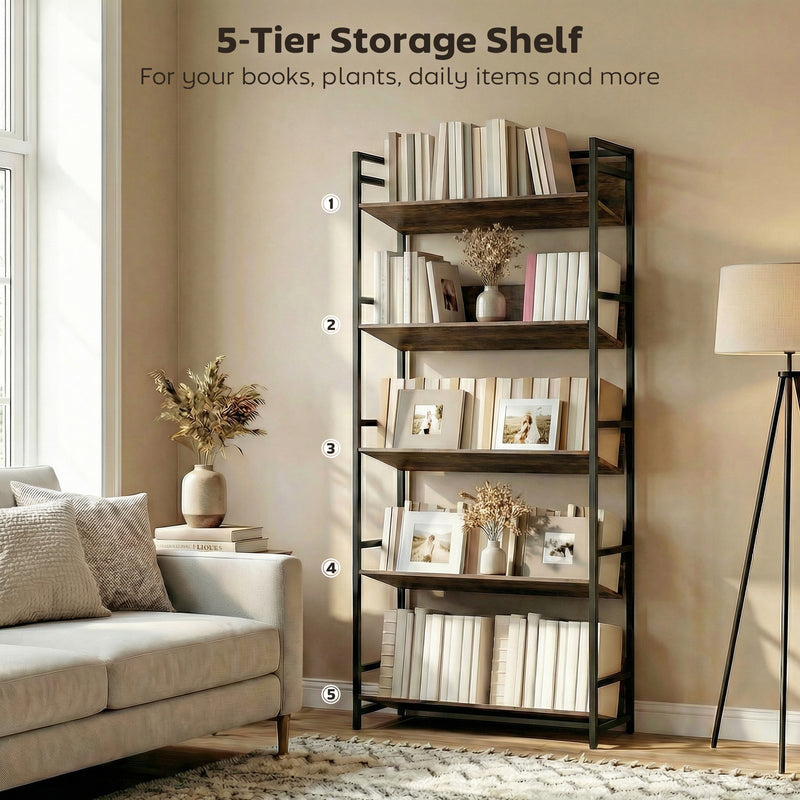 Bookcase and Room Divider with Five Secure Shelves for Organised Living Rustic Brown Black AOSOM
