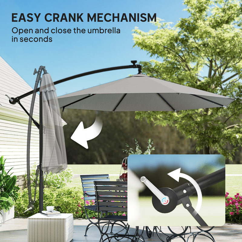Cantilever Garden Parasol with Solar LED Lights for Shaded Outdoor Seating Light Grey Outsunny
