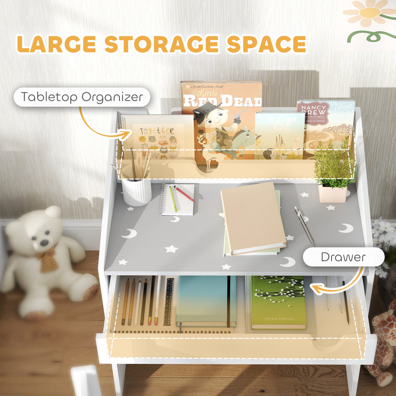 Kids Study Table and Chair Set with Storage and Pull-Out Drawer Grey by AIYAPLAY