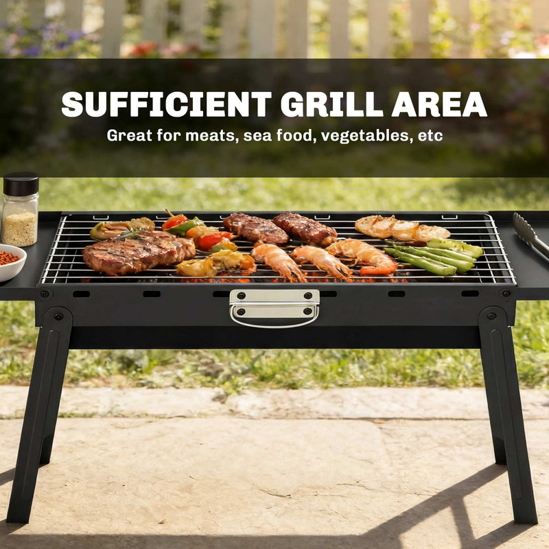 Portable Folding Charcoal Barbecue Grill for Easy Outdoor Cooking with Side Shelves Black Outsunny