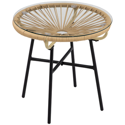 Beige Rattan Round Garden Side Table With Tempered Glass Top For Patio Balcony Or Outdoor Use