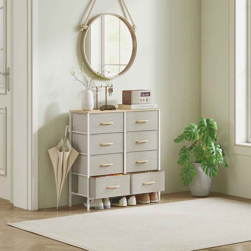 Industrial Style Chest of Drawers with 8 Fabric Storage Units and Wooden Top for Bedroom Maple Wood Effect