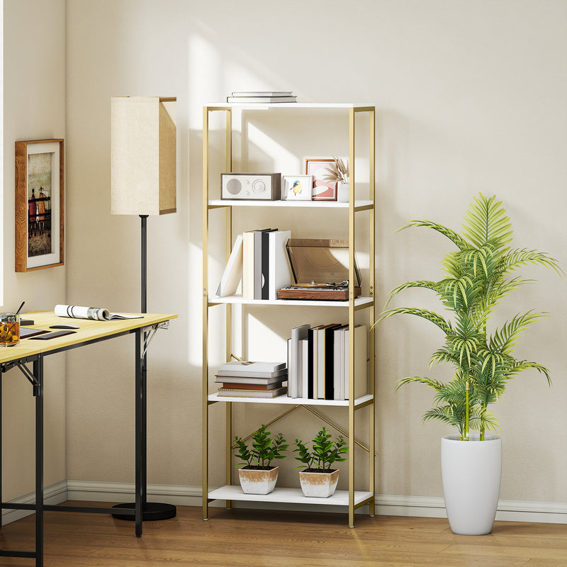Gold and White Shelves For Living Room - 5 Tier Bookcase For Room Organisation - Gold Metal Frame With White Shelves Homcom